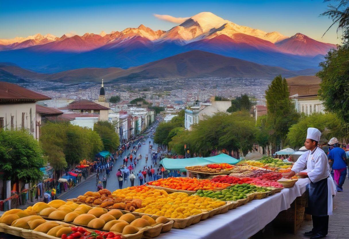 A vibrant street scene in Santiago filled with bustling local markets showcasing colorful fruits, vegetables, and traditional crafts. A chef is preparing traditional Chilean dishes like empanadas and pastel de choclo, surrounded by cultural art pieces. The backdrop features the Andes mountains with a clear blue sky. Inviting, warm lighting enhances the scene, making it feel alive and aromatic. painting. vibrant colors.