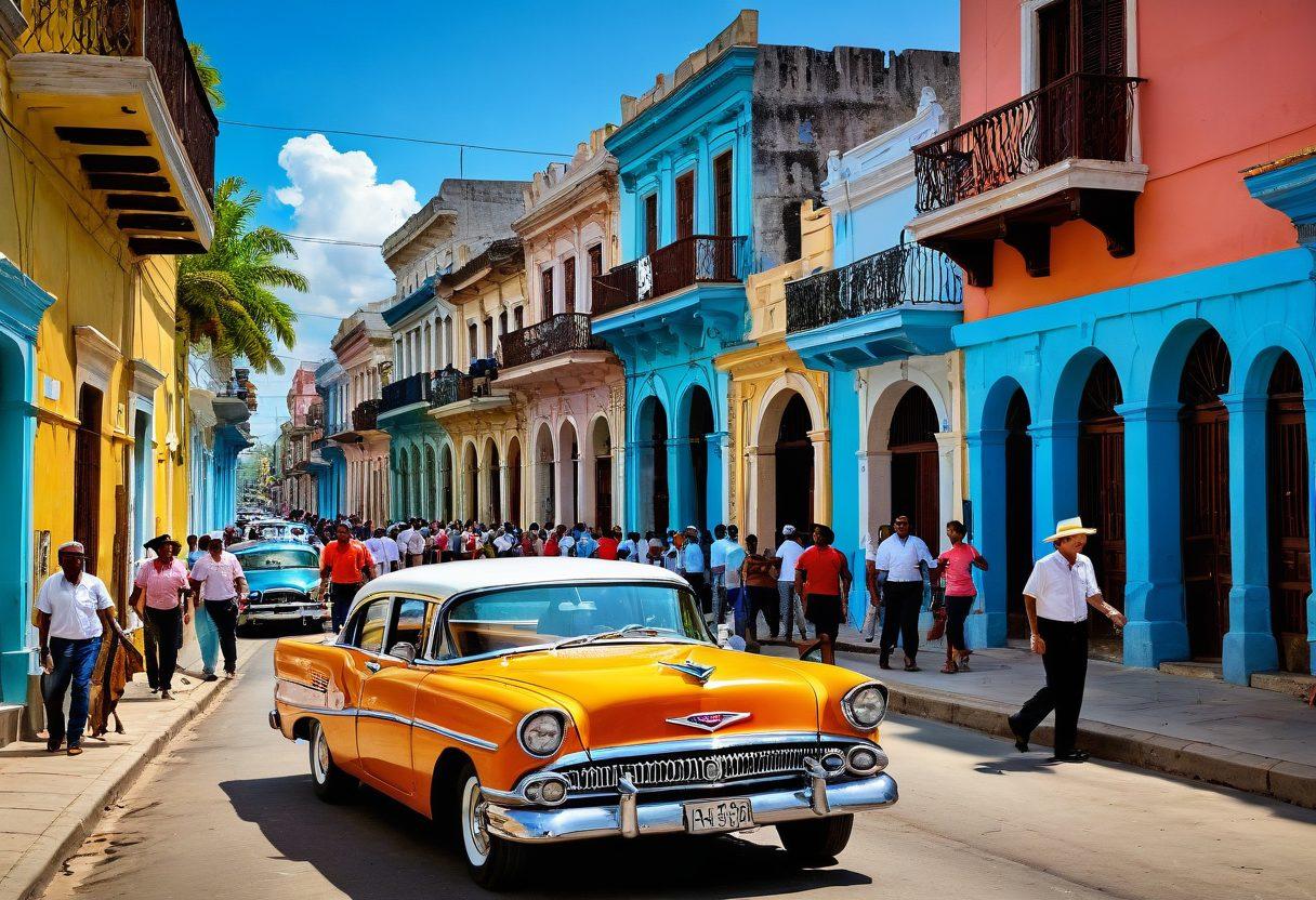A colorful street scene in Santiago, Cuba, featuring lively locals dancing, traditional architecture in the background, and vintage cars lined up. Include elements of rich Cuban culture like music instruments and street vendors showcasing local delicacies. Bright, warm colors to evoke a sense of vibrancy and history. super-realistic. vibrant colors.