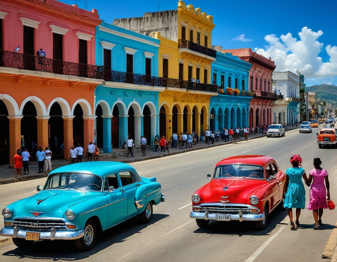 A vibrant street scene in Santiago de Cuba showcasing colorful colonial architecture, bustling locals in traditional attire, and festive decorations for a local festival, with famous landmarks like the Castillo del Morro in the background under a bright blue sky. The atmosphere should feel lively and inviting, capturing the essence of Cuban culture. super-realistic. vibrant colors. 3D.